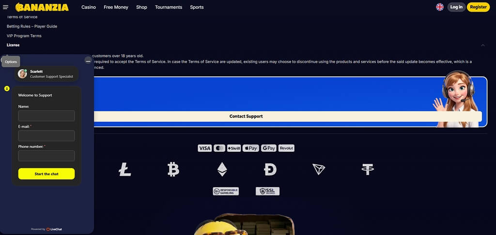 Bananzia Casino Conact Us UK